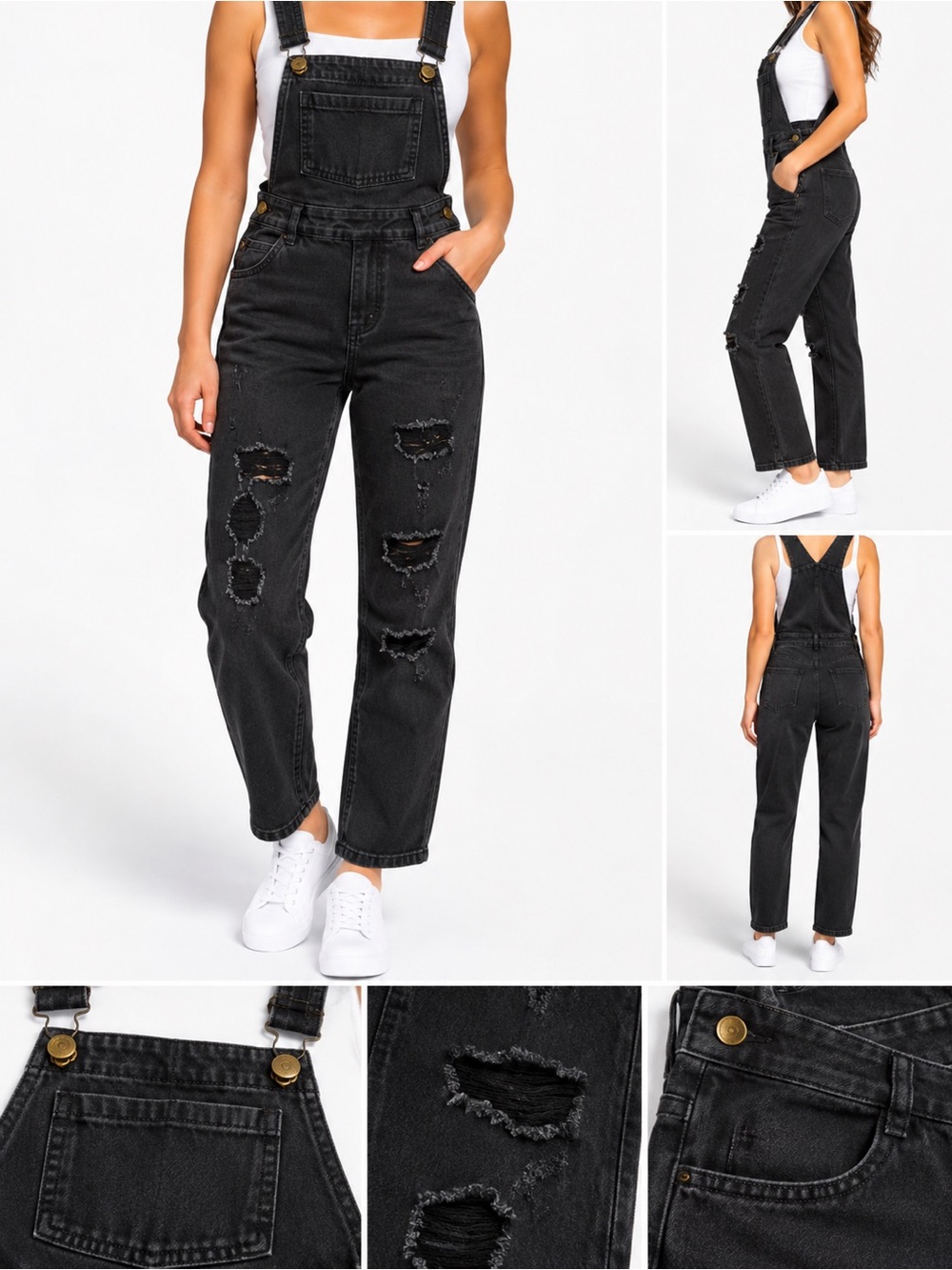 Dollhouse Black Distressed Denim Overalls Size 9 Ripped Skinny Jumpsuit